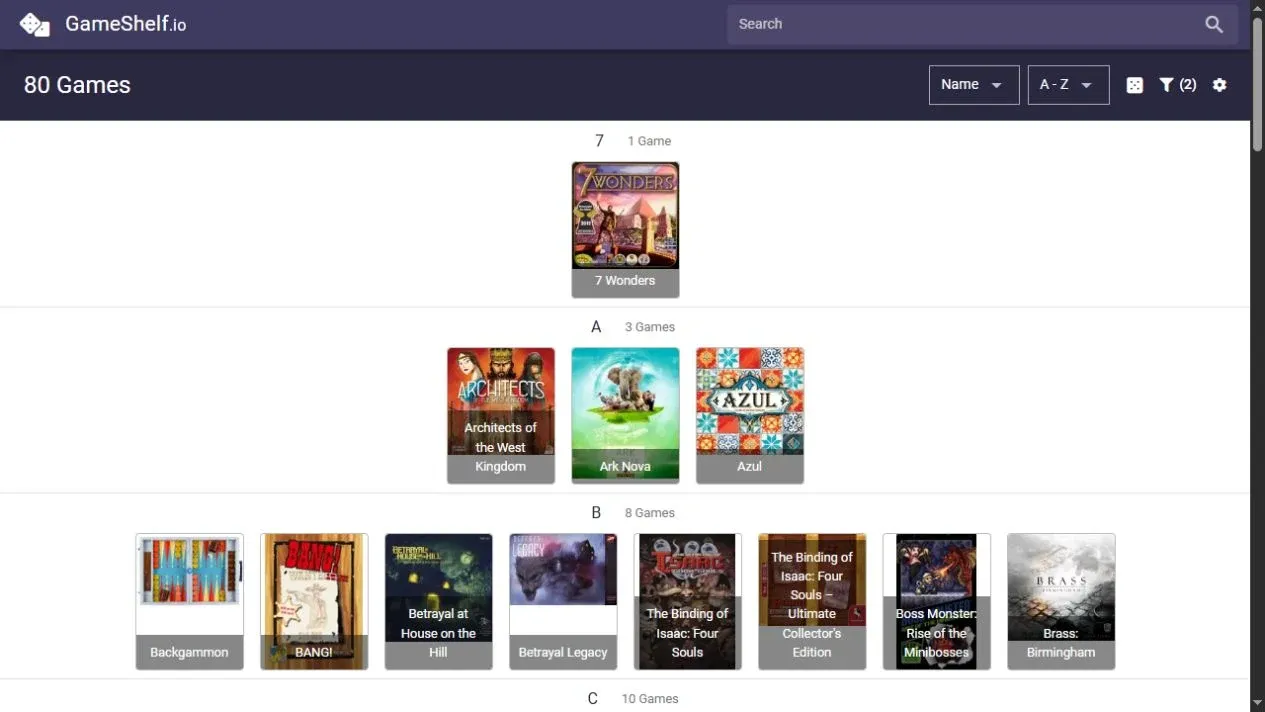 GameShelf's collection view, with search and filter controls above covers including 7 Wonders, Ark Nova, Azul and Brass: Birmingham.