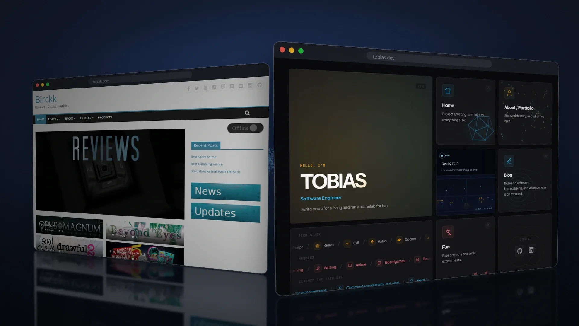 The old Birckk WordPress site on the left transitioning, in perspective, into the new tobiasobk.com design on the right.