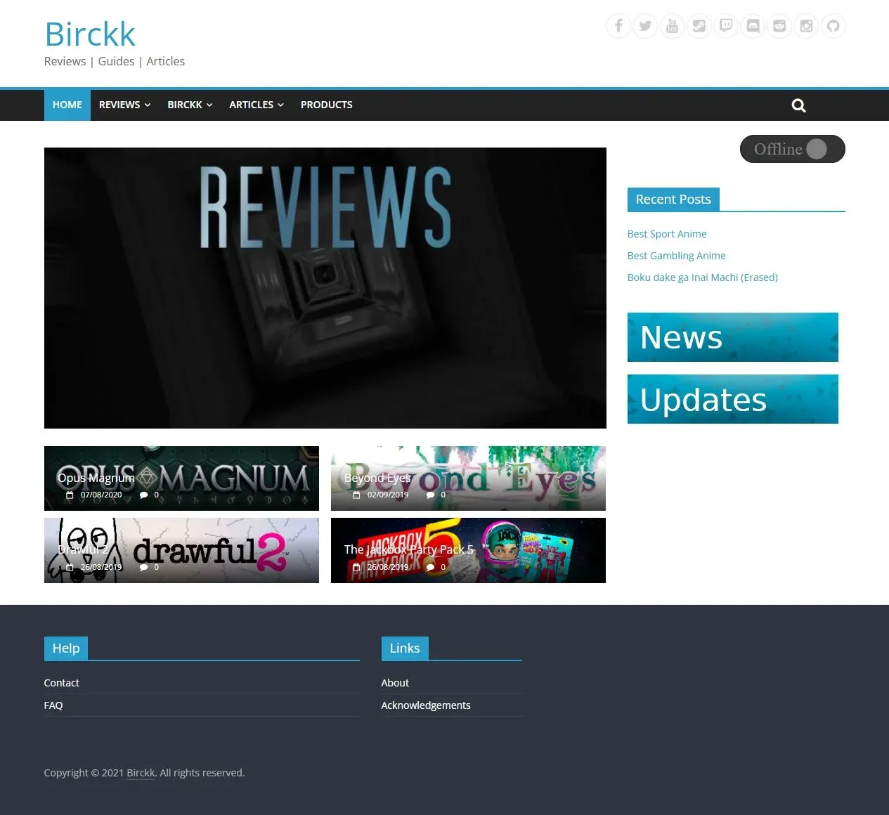 The old Birckk WordPress homepage, with its blue navigation, reviews and article sidebar.