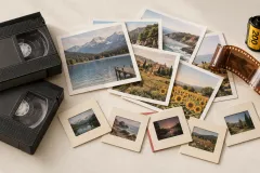 AI-generated illustrative flat lay of VHS tapes, printed landscape photos, mounted slides, film canisters and a strip of negatives.