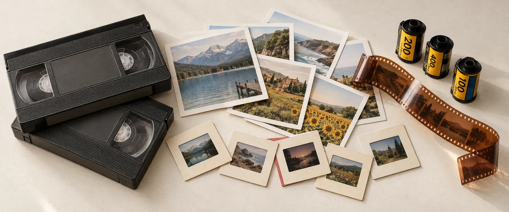 AI-generated illustrative flat lay of VHS tapes, printed landscape photos, mounted slides, film canisters and a strip of negatives.