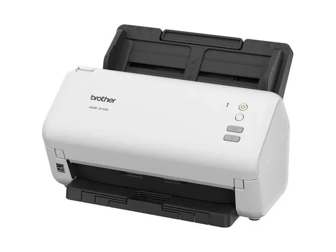 A Brother sheet-fed scanner with its input and output trays open.